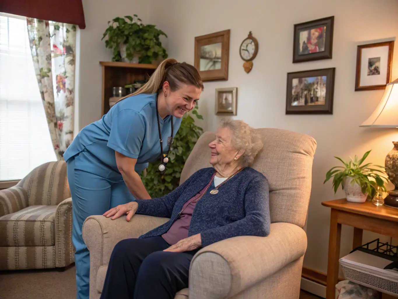 A home health agency nurse providing skilled care to a patient in their home, showcasing personalized and attentive healthcare services.