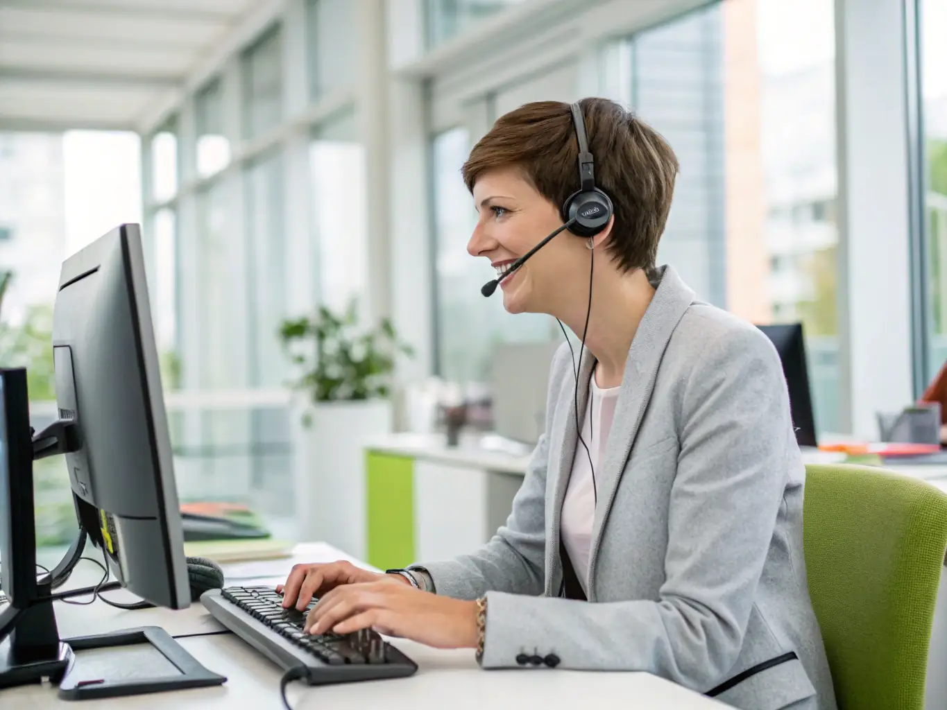 A dedicated support team member answers a call in a well-equipped call center, representing responsive on-call support services.