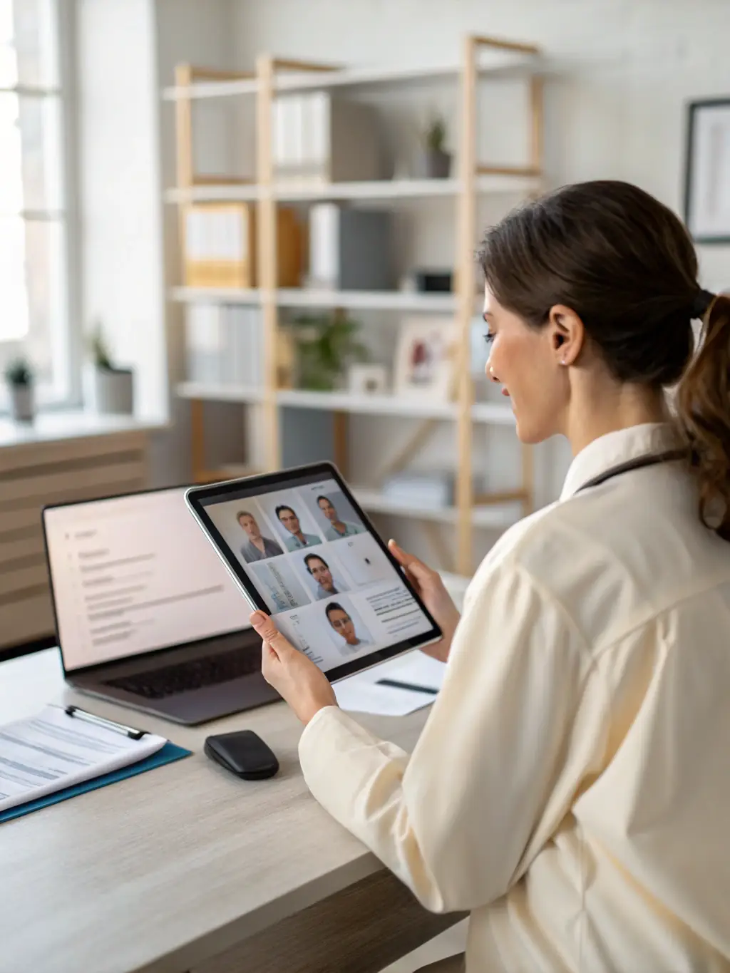 An image showing a healthcare professional efficiently managing patient records on a computer, symbolizing streamlined administrative processes.